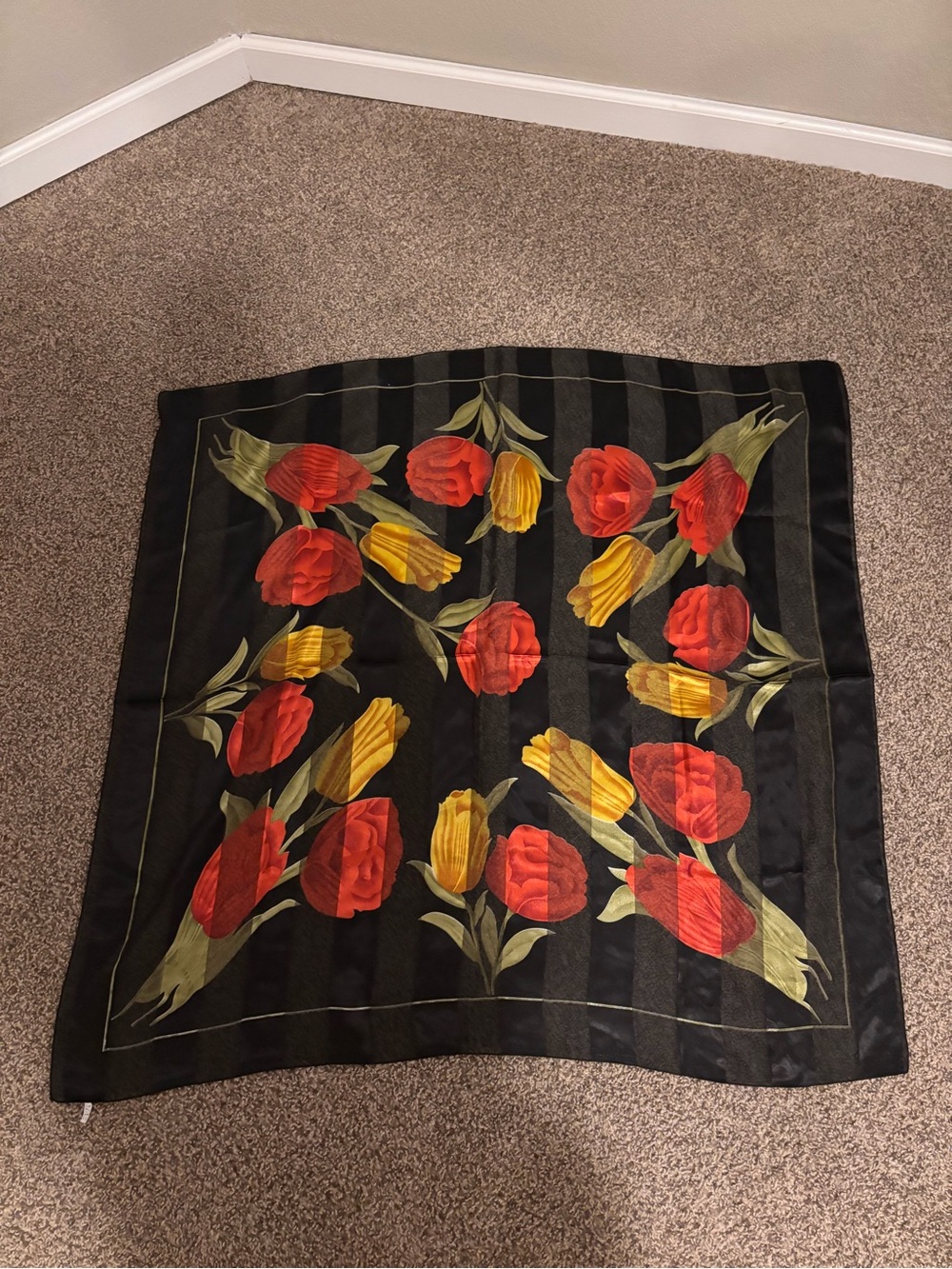Black Floral Silk Scarf with Red and Yellow Tulips